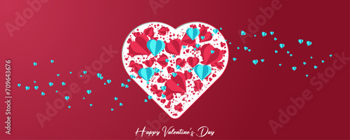 Happy Valentine's Daly banner concept. Romantic love holiday design with red, pink and blue flying origami hearts. Horizontal greeting poster, flyer, card, header for website.