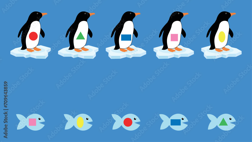 Obraz premium Penguins and fish on ice floes. Vector illustration.