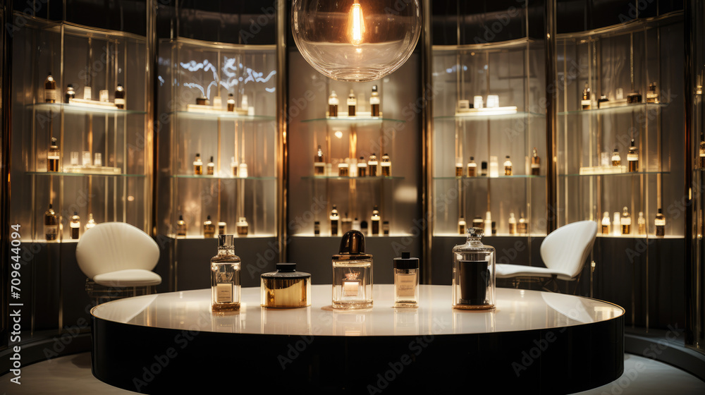 Glass bottles with various colors of perfume. Luxury perfume showroom store. - obrazy, fototapety, plakaty 