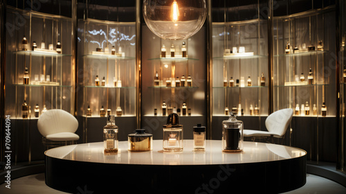 Glass bottles with various colors of perfume. Luxury perfume showroom store.