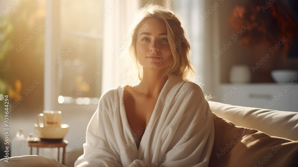 Woman sitting and relaxing on the couch in a white bathrobe. Model little dressed with long blonde hair | Generative AI - obrazy, fototapety, plakaty 