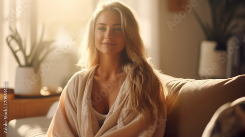 Woman sitting and relaxing on the couch in a white bathrobe. Model little dressed with long blonde hair   Generative AI © DigitalDreamscape
