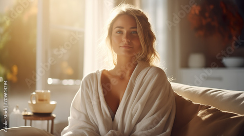Woman sitting and relaxing on the couch in a white bathrobe. Model little dressed with long blonde hair   Generative AI © DigitalDreamscape
