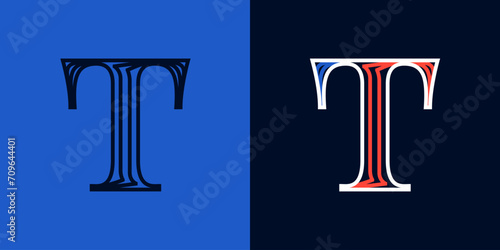 Letter T sport logo. Blue and red lines font. Patriotic emblem for Independence or Veterans Day.