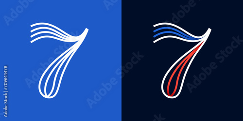 7 logo. Number seven sport style icon. Blue and red lines font. Patriotic emblem for Independence Day.