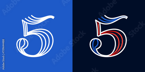 5 logo. Number five sport style icon. Blue and red lines font. Patriotic emblem for Independence Day.