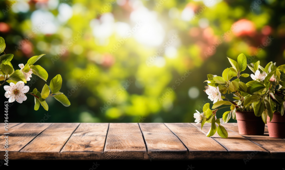 Springtime concept with an empty wooden table against a backdrop of fresh green foliage and blooming branches in a garden bathed in sunlight Springtime concept with an empty wooden table against a backdrop of fresh green foliage and blooming branches in a garden bathed in sunlight