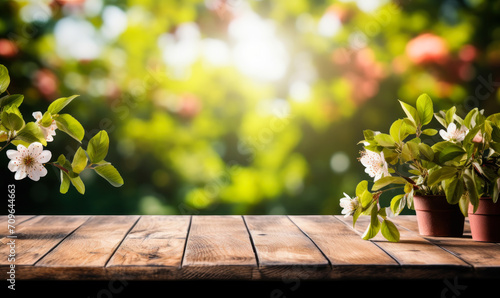 Springtime concept with an empty wooden table against a backdrop of fresh green foliage and blooming branches in a garden bathed in sunlight