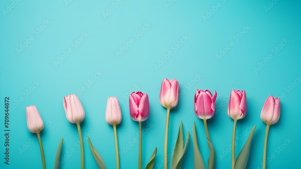 background of laid out flowers of pink and white tulips on a background of turquoise paper with free space for text insertion