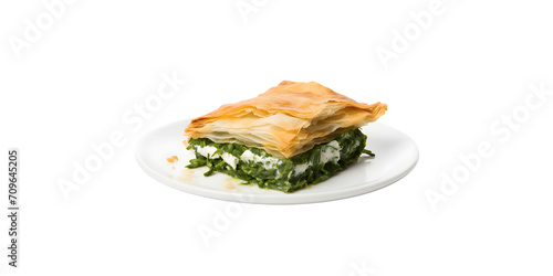 side view of Traditional greek spinach pie spanakopita with goat cheese put in white plate with PNG background