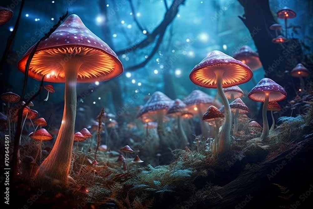 Fototapeta premium Glowing mushrooms growing in magical forest.