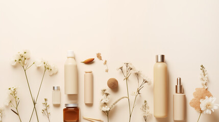 composition of cosmetics minimalism beige background