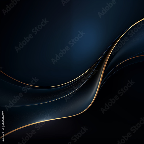 A stunning abstract design captures the eye with its bold black and gold backdrop, highlighted by a mesmerizing blue and gold curve that radiates light and creates a sense of fluid movement