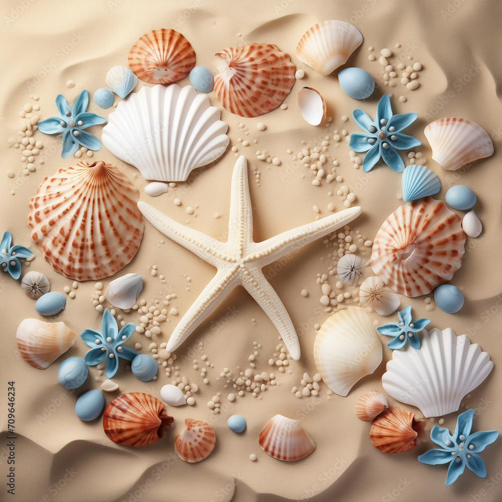 A delicate starfish and intricate shells rest upon the soft sand, showcasing the diverse beauty of the seashore's inhabitants