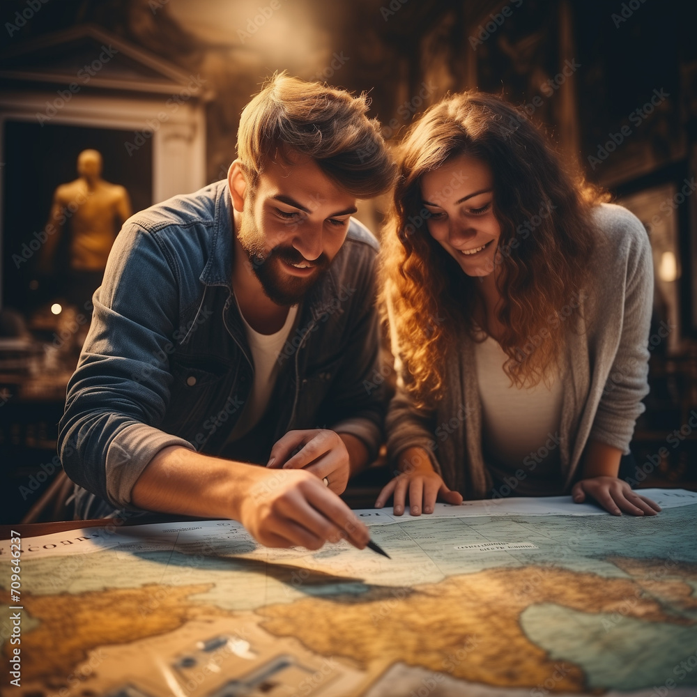Lost in the intricate details of a map, the man and woman's faces reflect determination as they plan their next adventure in the cozy confines of an indoor art gallery Lost in the intricate details of a map, the man and woman's faces reflect determination as they plan their next adventure in the cozy confines of an indoor art gallery