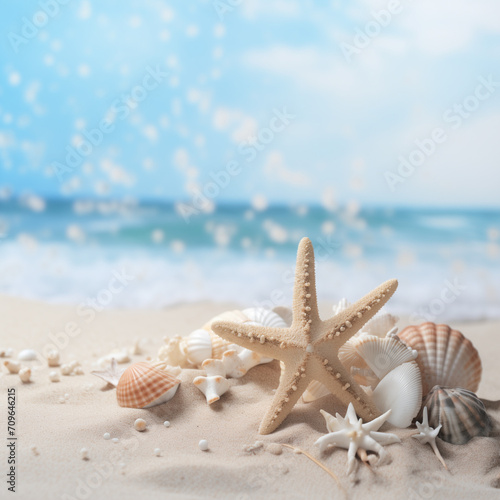 A lone starfish and seashells adorn the sandy beach, creating a tranquil scene of marine invertebrates against the vast blue ocean and clear sky