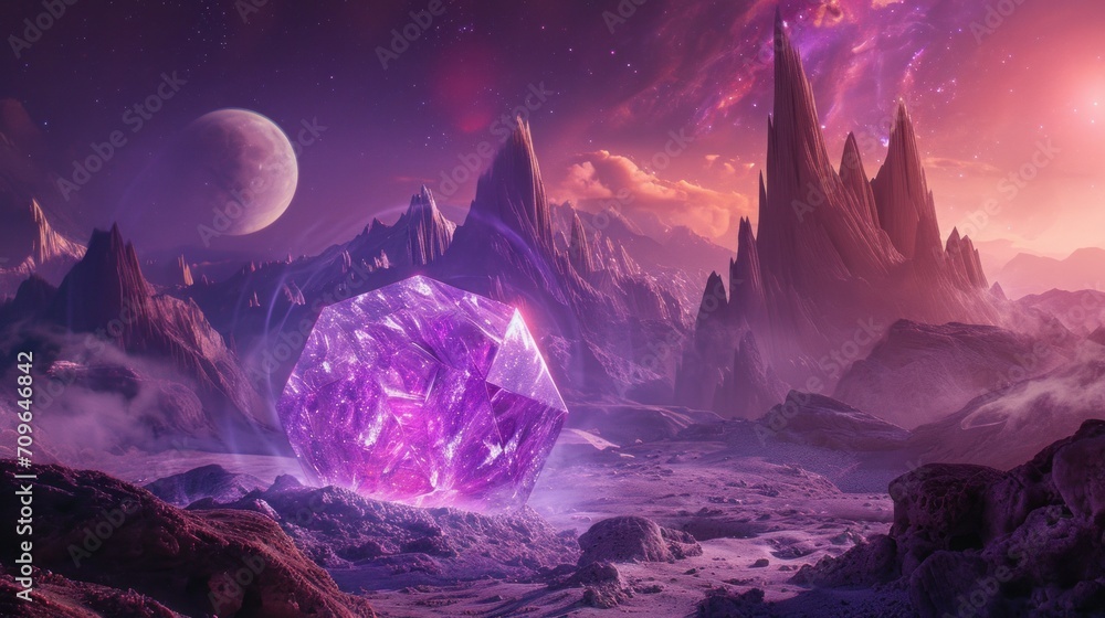 A purple rhombic crystal surrounded by high mountains on a distant planet