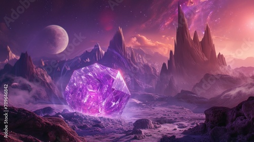 A purple rhombic crystal surrounded by high mountains on a distant planet