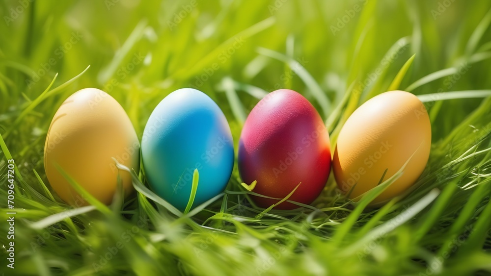 Colorful Easter eggs lie in the green grass with a spring background and a side. Easter Postcard Concept, Banner