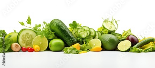 Various fresh vegetables and fruits assorted greenery healthy food on white background. Generate AI