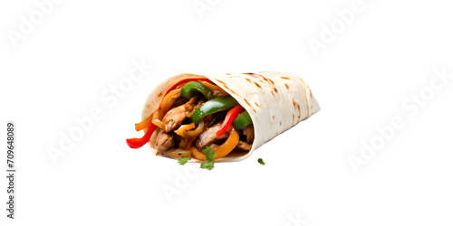 side view of delicious and fresh chicken fajita shawarma roll with pepper put on wooden piece and PNG background