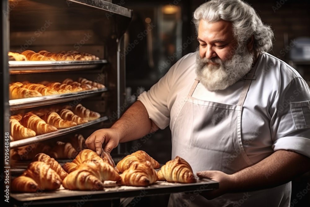 Baker with croissants. Oven - baked croissants on a baking metal tray Baker with croissants. Oven - baked croissants on a baking metal tray