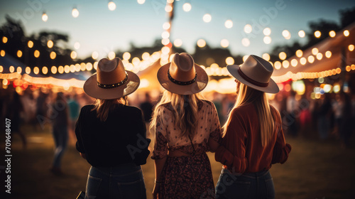 Women in country clothes on music festival. Blurred background with bulb lights