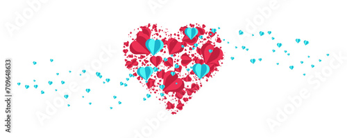 Romantic love hearts holiday design with red, pink and blue flying origami hearts isolated on transparent background. Horizontal greeting poster, flyer, card, header for website.