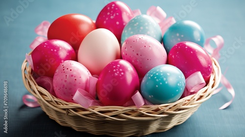 Vibrant easter basket with arranged eggs, candies, and toys, softly lit for warmth and anticipation