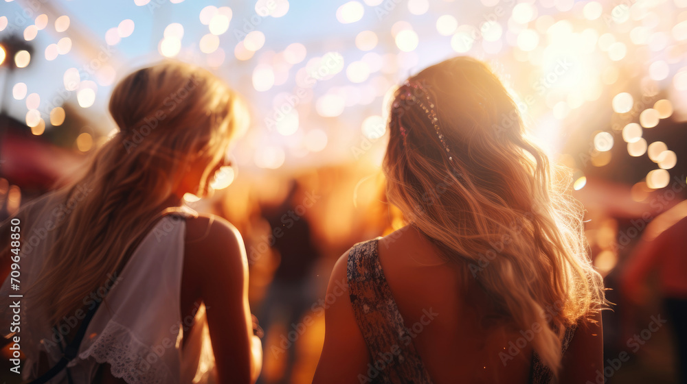 Women in country clothes on music festival. Blurred background with bulb lights Women in country clothes on music festival. Blurred background with bulb lights
