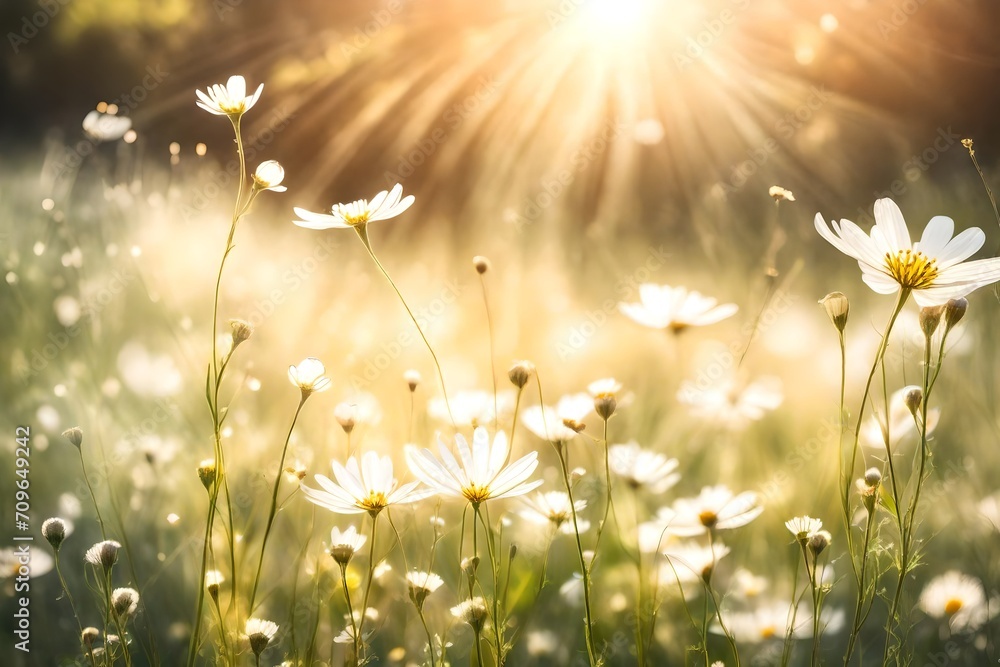 meadow with flowers, Summer meadow white flower with sunlight