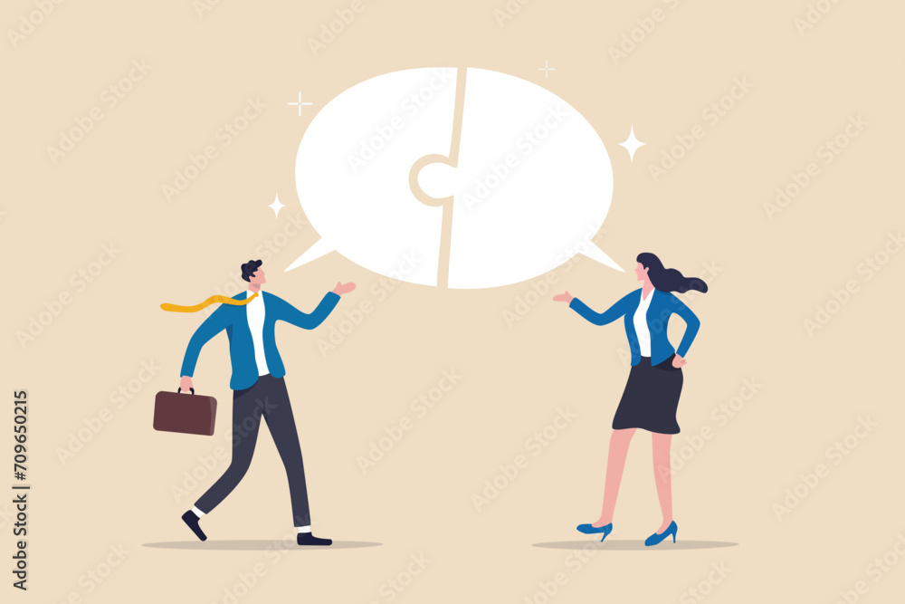 Communicate solution to solve problem, agreement, teamwork or cooperation, conversation message, meeting or discussion concept, business people communicate with connected jigsaw puzzle speech bubble. Communicate solution to solve problem, agreement, teamwork or cooperation, conversation message, meeting or discussion concept, business people communicate with connected jigsaw puzzle speech bubble.