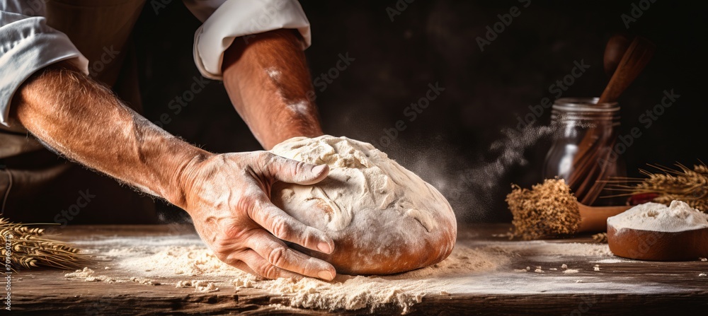 Skilled baker kneading dough in bakery with blurred background and copy space for text placement