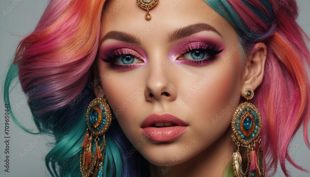 Fototapeta premium Woman with bright pink makeup and colorful hair. AI generated
