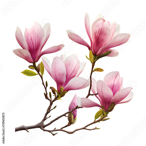 Blooming magnolia flowers isolated on white background, photo, png 