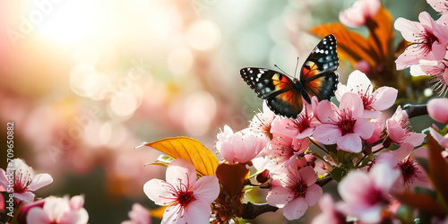 Enchanting Spring Elegance: Close-up of Soft Pink Sakura Flowers and Butterfly in Nature's Radiance © Bartek