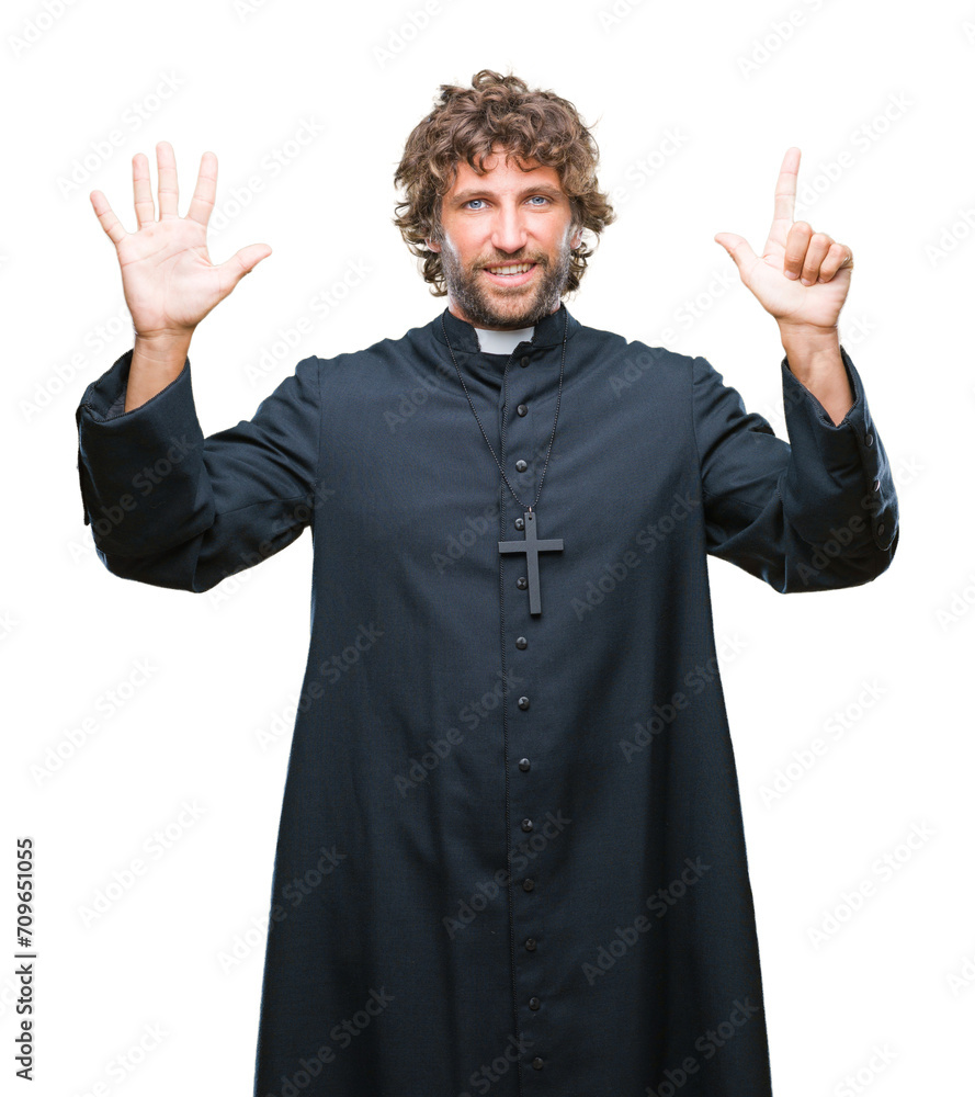 Handsome hispanic catholic priest man over isolated background showing and pointing up with fingers number seven while smiling confident and happy. Handsome hispanic catholic priest man over isolated background showing and pointing up with fingers number seven while smiling confident and happy.