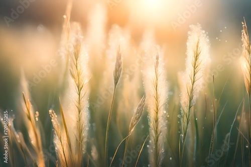 wheat field at sunset Bokeh Blur and soft focus of grass flower with water drops in morning light 