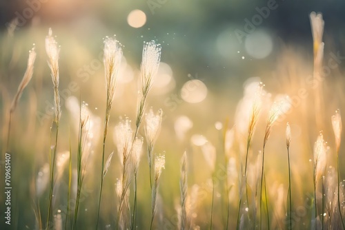 sunset in the grass, Bokeh Blur and soft focus of grass flower with water drops in morning light