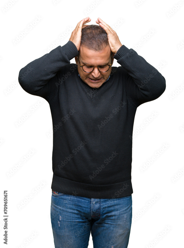 Middle age bussines arab man wearing glasses over isolated background suffering from headache desperate and stressed because pain and migraine. Hands on head. Middle age bussines arab man wearing glasses over isolated background suffering from headache desperate and stressed because pain and migraine. Hands on head.