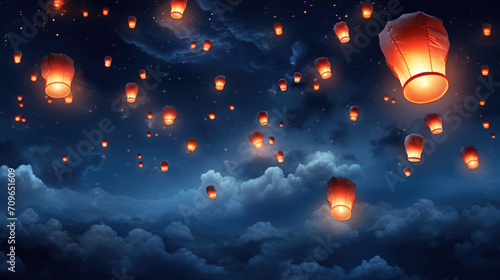A large group of chinese flying lanterns. Chinese lanterns in the night sky photo
