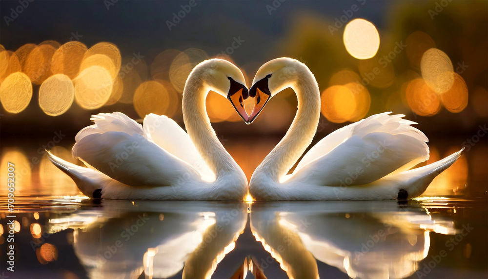 Obraz premium Romantic couple of white mute swans, face to face forming a heart with their necks and beaks. In a beautiful lake wit reflection. Relationship and love concept.