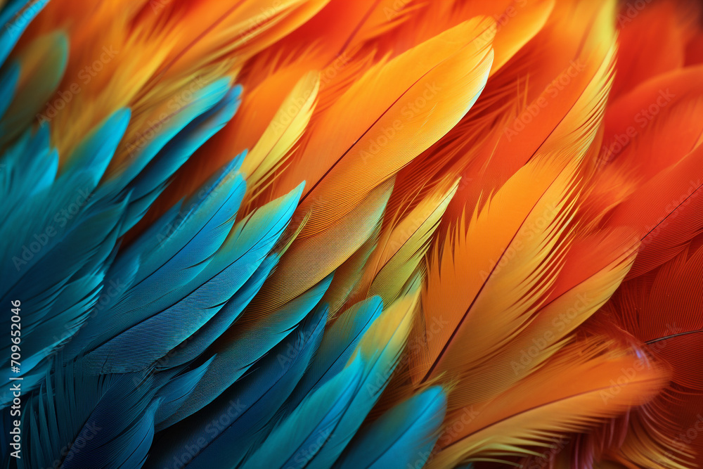 parrot feathers seen under a microscope with exaggerated contrast , soft shadow, volumetric lighting created with Generative Ai
