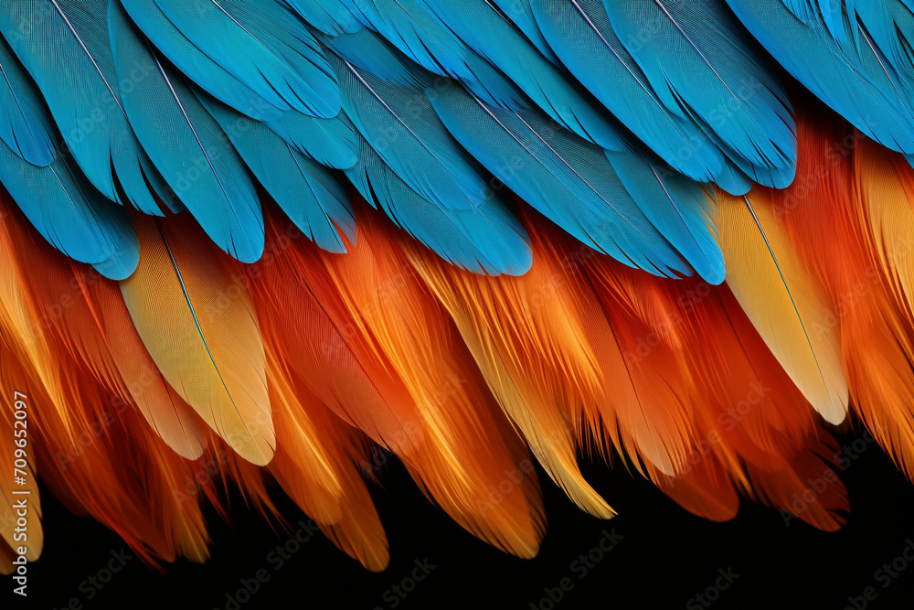 Fototapeta premium parrot feathers seen under a microscope with exaggerated contrast , soft shadow, volumetric lighting created with Generative Ai