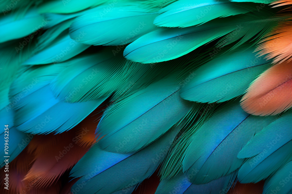 Obraz premium parrot feathers seen under a microscope with exaggerated contrast , soft shadow, volumetric lighting created with Generative Ai