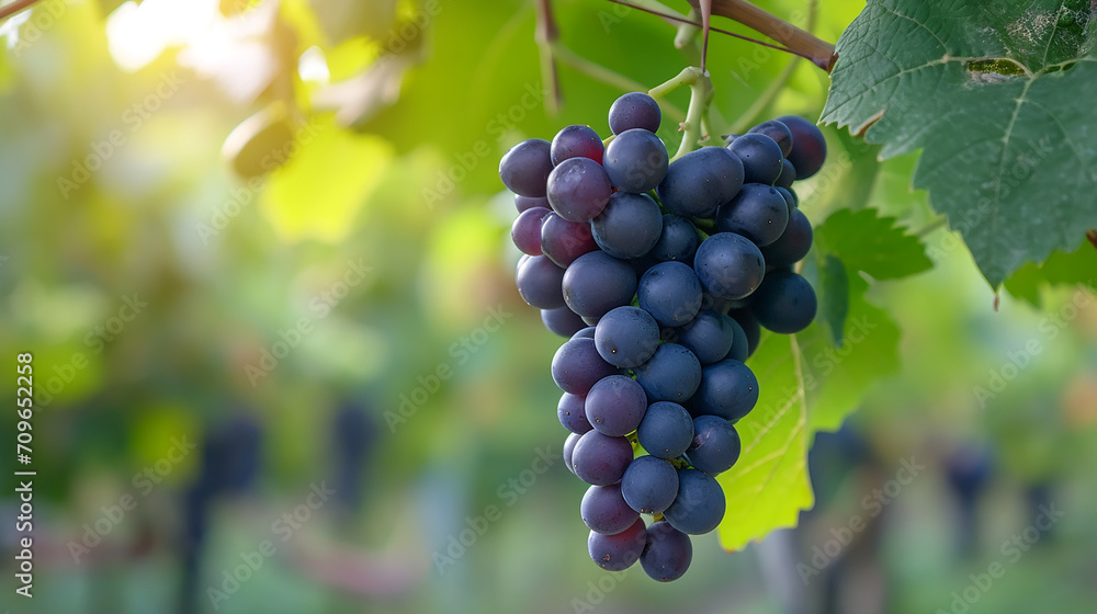 Bunch of Black Wine grape over green natural vineyard garden background, Kyoho Grape with leaves in blur background. Made with generative ai Bunch of Black Wine grape over green natural vineyard garden background, Kyoho Grape with leaves in blur background. Made with generative ai