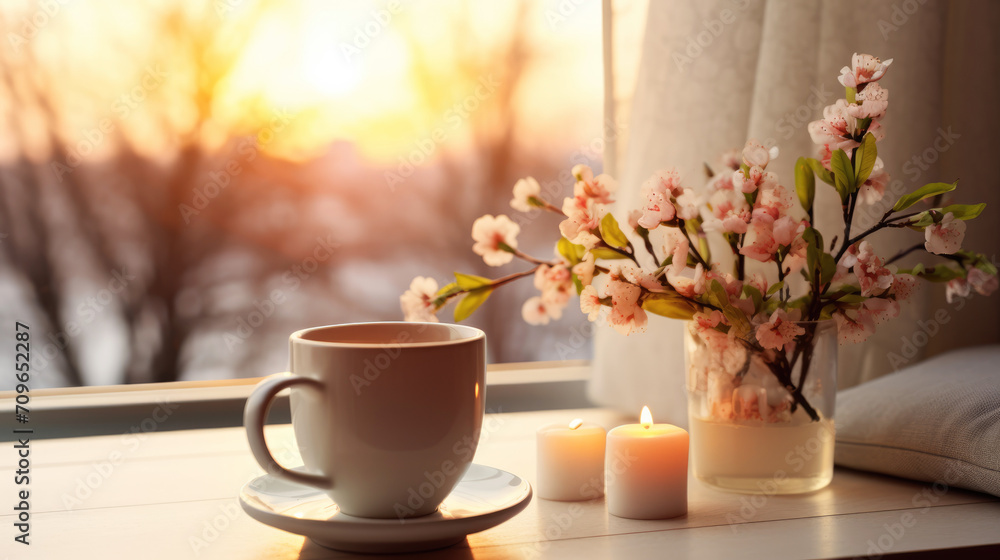Cup of hot tea and spring home interior, good morning concept Cup of hot tea and spring home interior, good morning concept