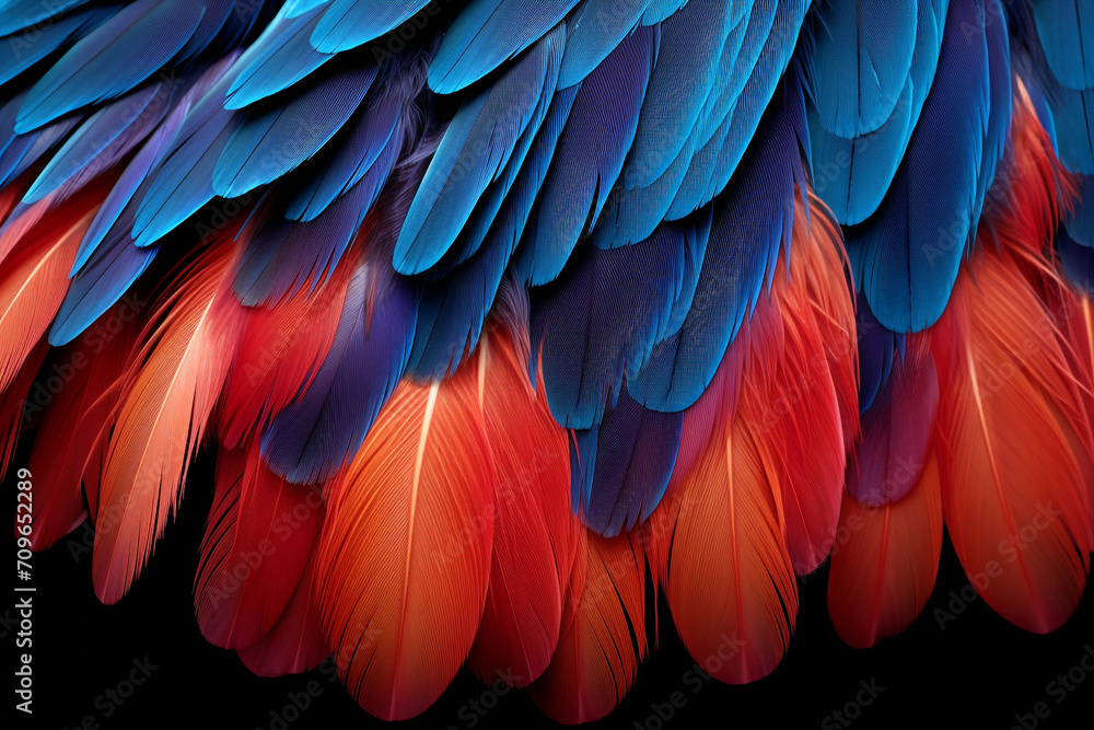 Obraz premium parrot feathers seen under a microscope with exaggerated contrast , soft shadow, volumetric lighting created with Generative Ai