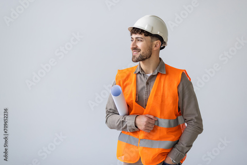 Graphics, floor plan and construction with contractor on white background for inspection