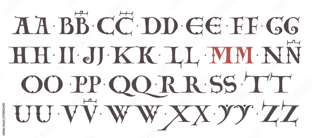 Carolingian Majuscule alphabet. Old Romanesque font from 13th century. Square Capitals from medieval manuscript. Upper-case lettering, the base for Lombardic capitals. Elegant classic serif font. Carolingian Majuscule alphabet. Old Romanesque font from 13th century. Square Capitals from medieval manuscript. Upper-case lettering, the base for Lombardic capitals. Elegant classic serif font.